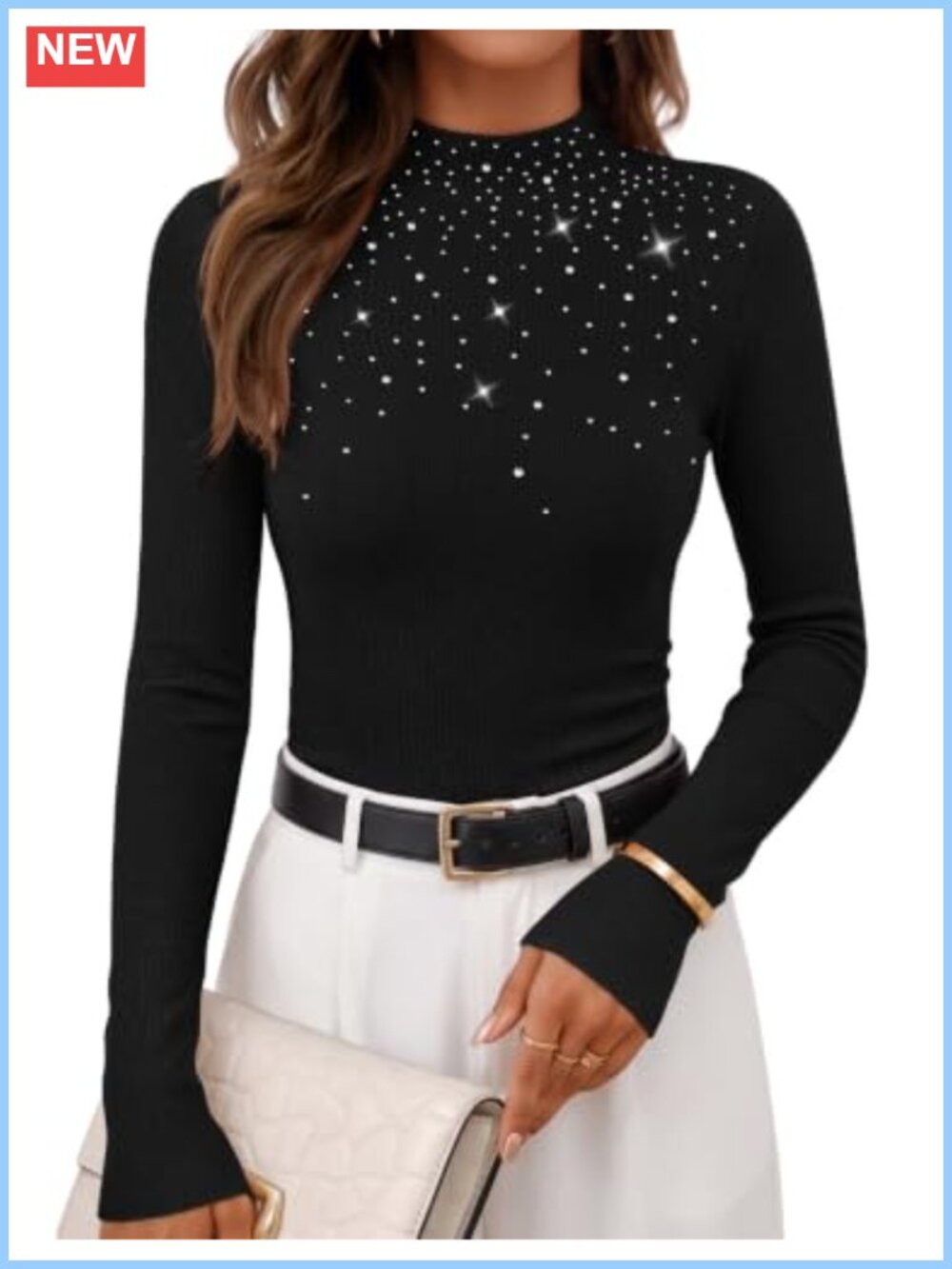 Women's Mock Neck Rhinestone Ribbed Knit Sweater Long Sleeve Pullover